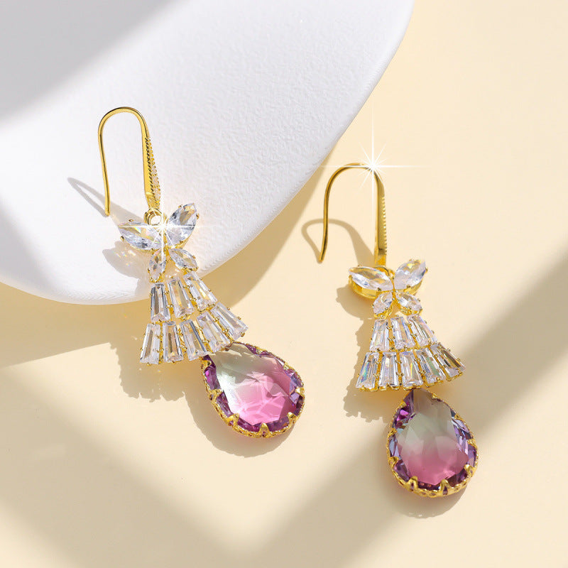 Sweet Butterfly Drop Earrings For Women In Purple With Copper And Zircon Inlay, Ear Hook Design