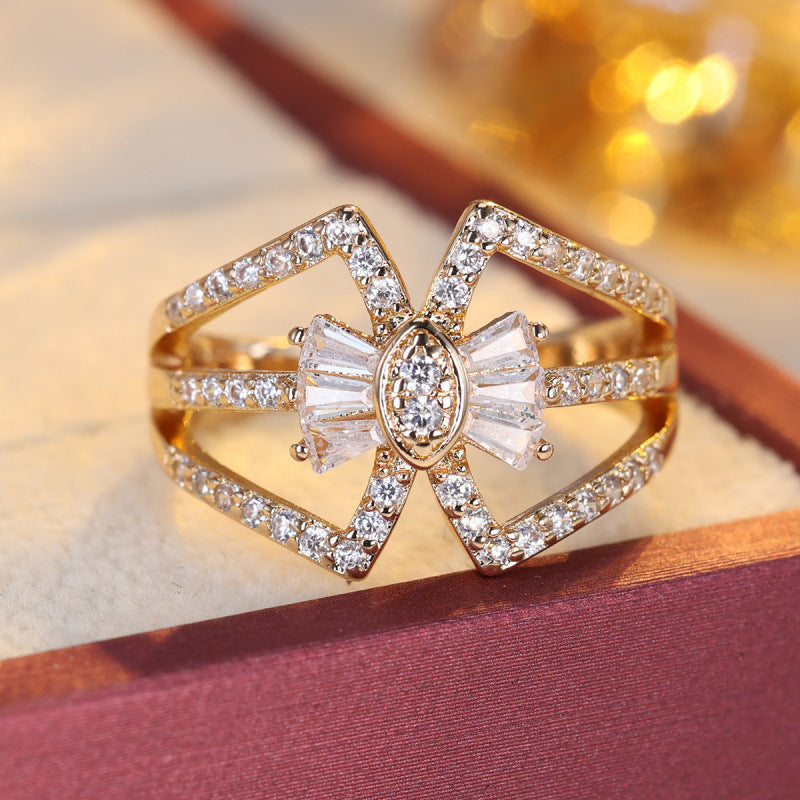 Women’s Bow Tie Ring In Copper With Zircon Inlay, Available In Elegant Gold