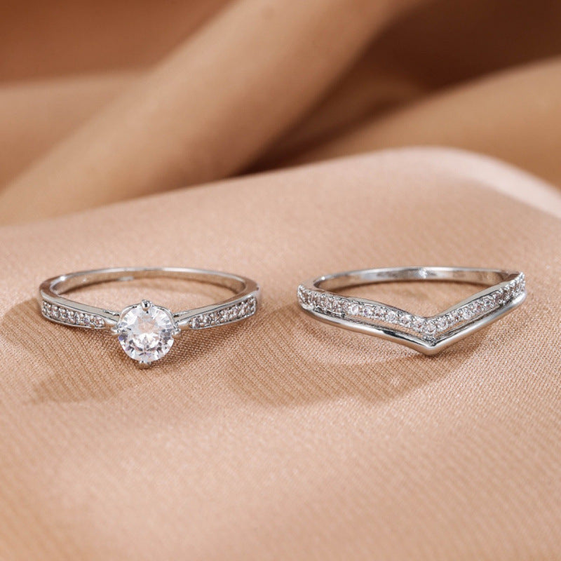 Sweet Couple Rings Featuring Zircon Inlay, Elegant Letter Pattern Design, 1 Pair