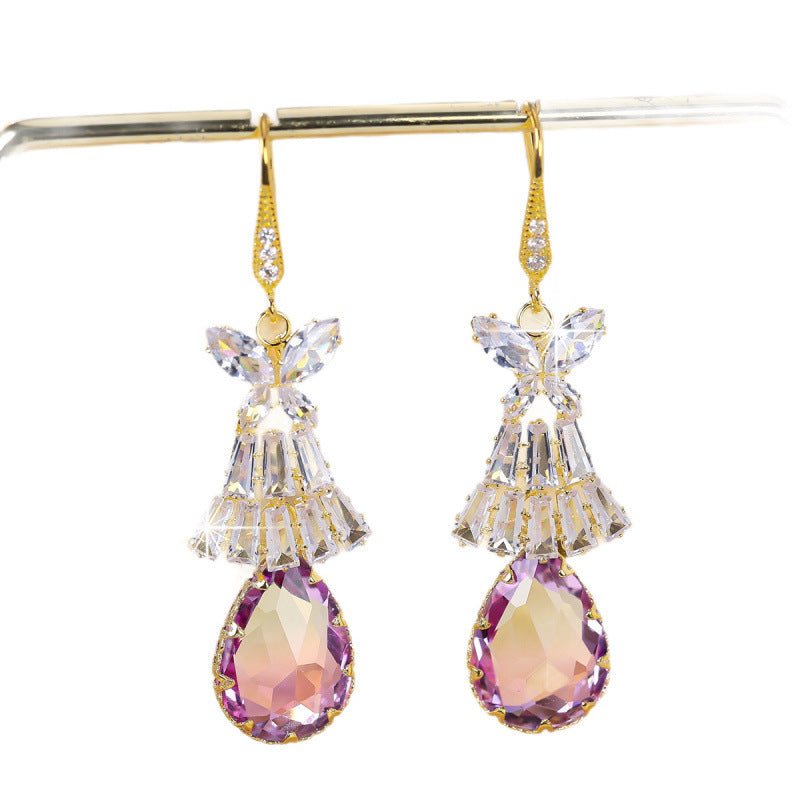 Sweet Butterfly Drop Earrings For Women In Purple With Copper And Zircon Inlay, Ear Hook Design