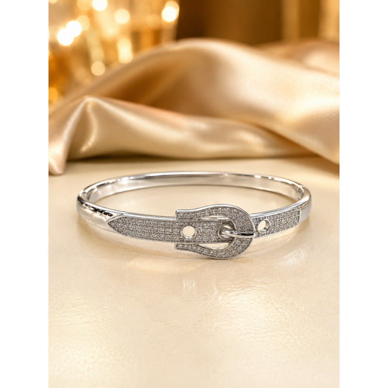Exaggerated Geometric Inlay Bangle In Copper With 14K Real Gold Electroplated And Zircon Detailing