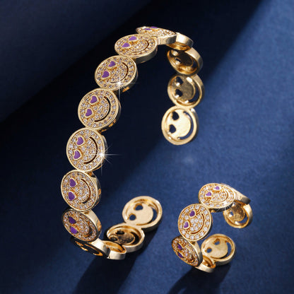 Smiley Face Copper Bangle For Women With Zircon Inlay, 1 Set