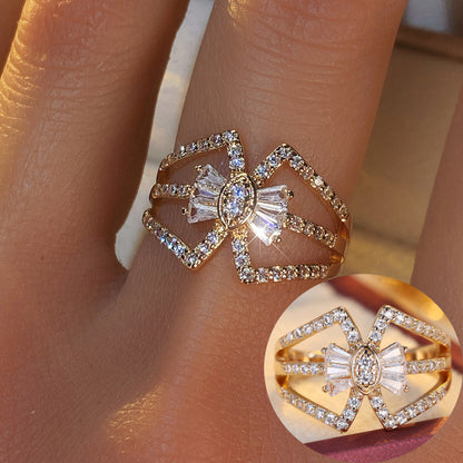 Women’s Bow Tie Ring In Copper With Zircon Inlay, Available In Elegant Gold