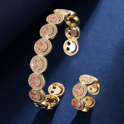 Smiley Face Copper Bangle For Women With Zircon Inlay, 1 Set