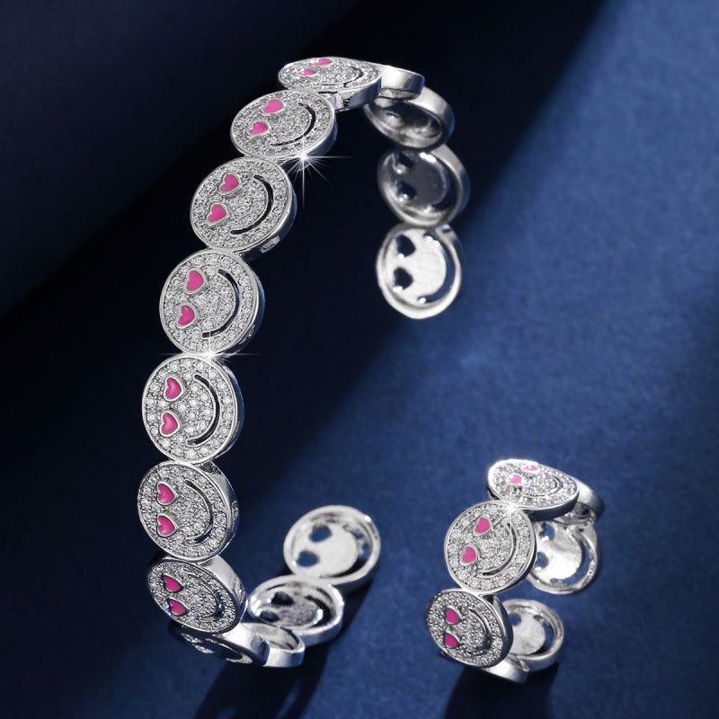 Smiley Face Copper Bangle For Women With Zircon Inlay, 1 Set