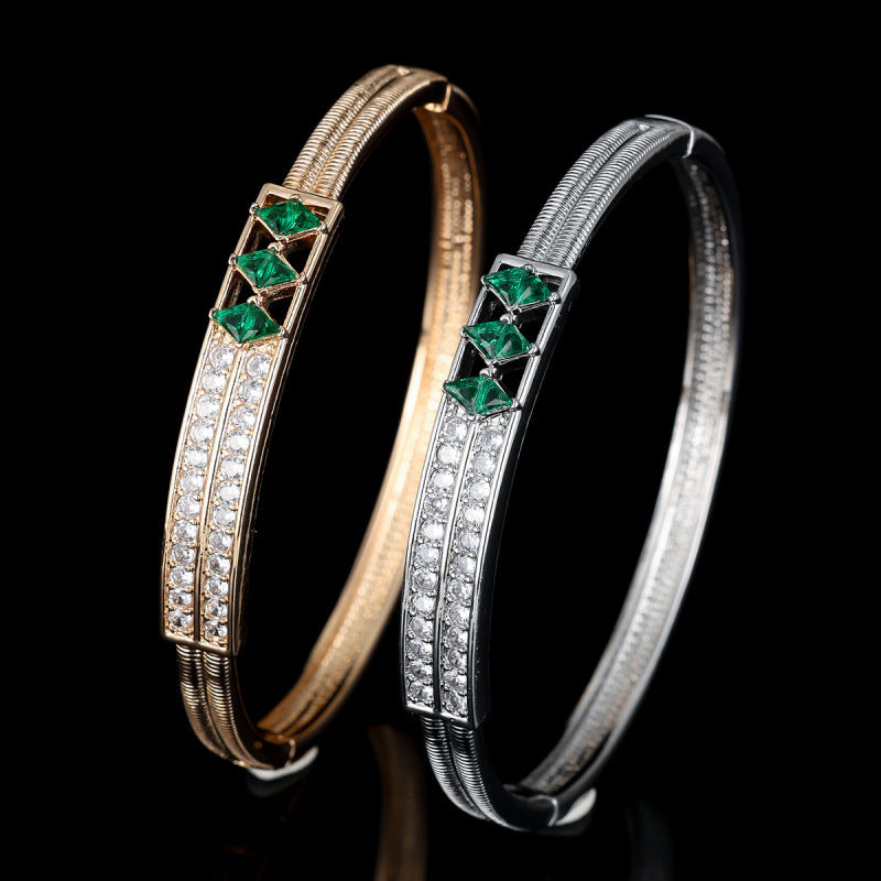 Stripe Bangle In Gold Electroplated Copper With Zircon Inlay, Elegant Accessory For Banquet