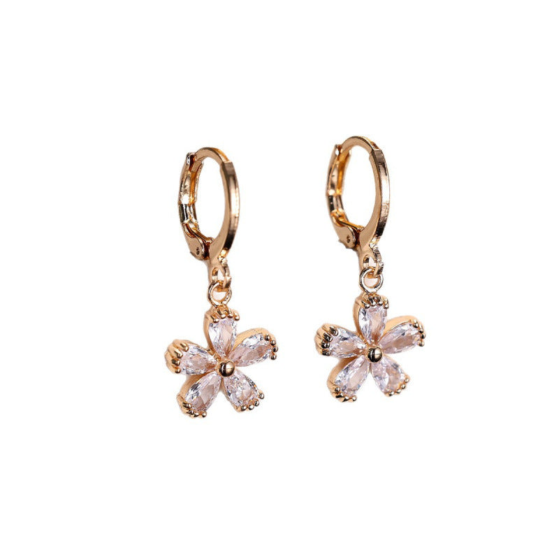 Gold Flowers Drop Earrings For Women With Copper Ear Pins And Zircon Inlay Material