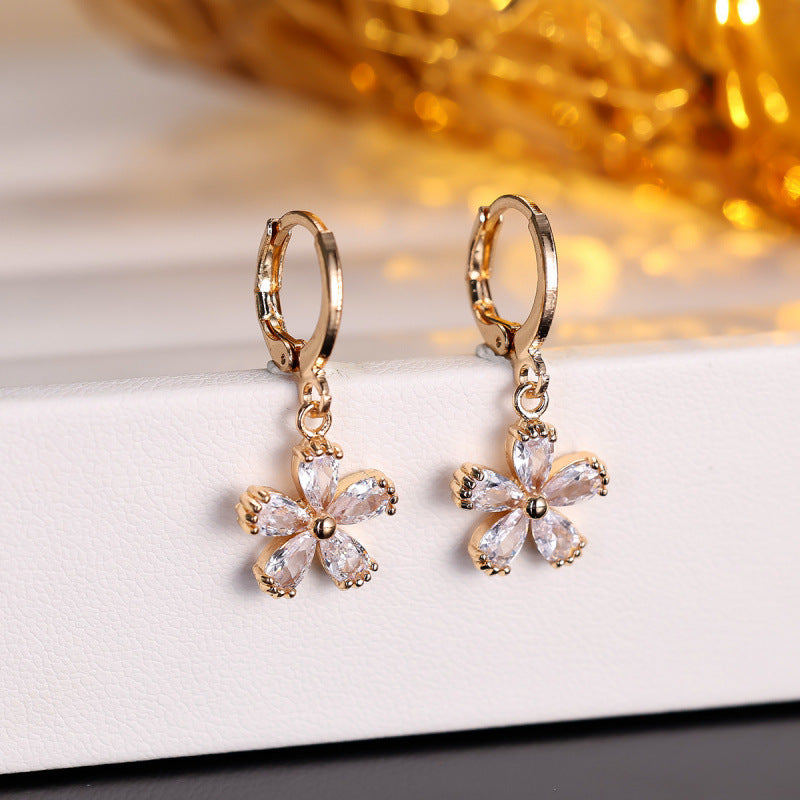 Gold Flowers Drop Earrings For Women With Copper Ear Pins And Zircon Inlay Material