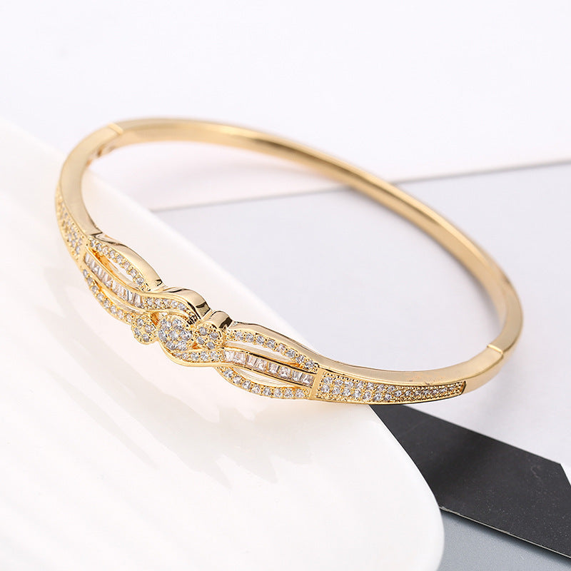 Star Pattern Copper Bangle With Golden Electroplated Finish And Zircon Inlay In Gold