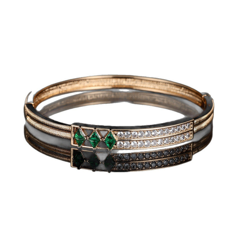 Stripe Bangle In Gold Electroplated Copper With Zircon Inlay, Elegant Accessory For Banquet