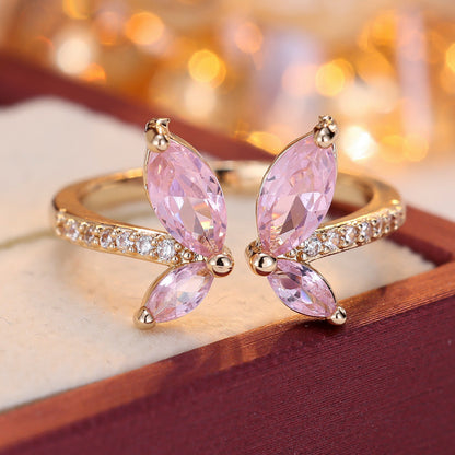 Butterfly Open Ring For Women In Gold Copper With Zircon Inlay