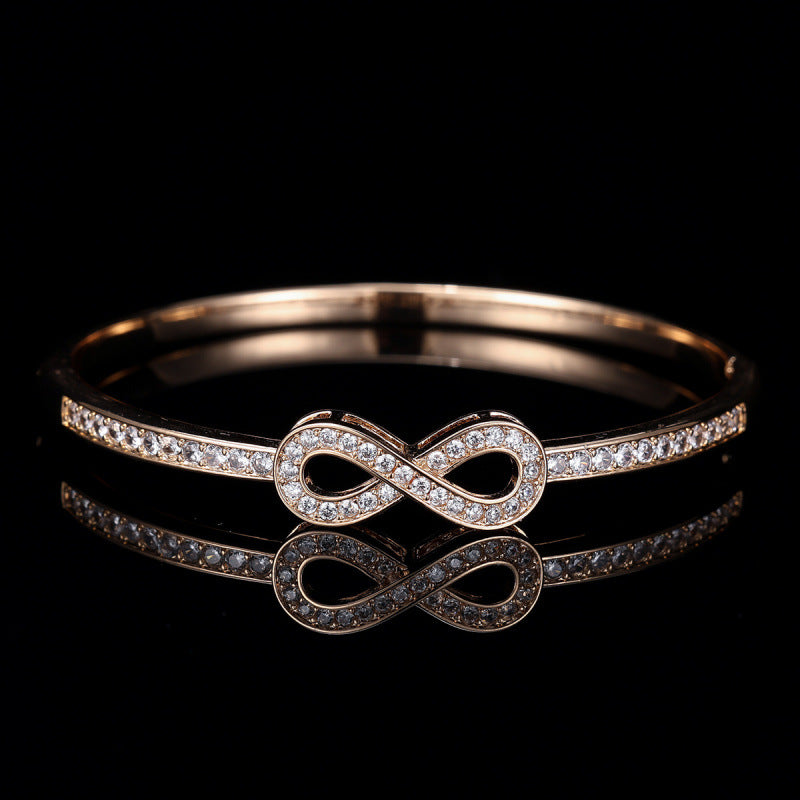 Luxurious Infinity Inlay Copper Bangle With Zircon, Electroplated Finish, Perfect For Couples
