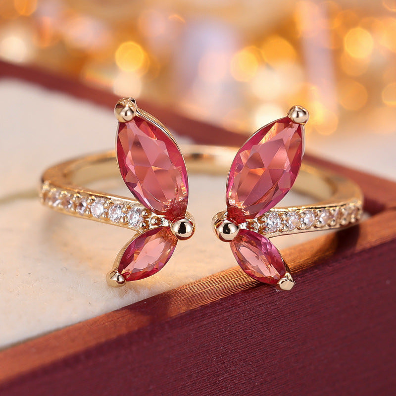Butterfly Open Ring For Women In Gold Copper With Zircon Inlay
