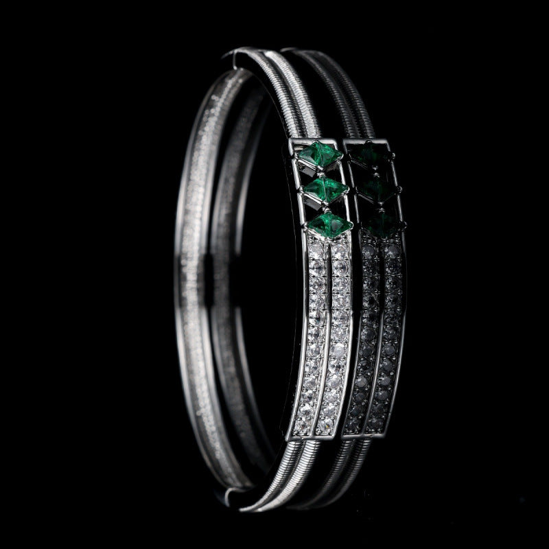 Stripe Bangle In Gold Electroplated Copper With Zircon Inlay, Elegant Accessory For Banquet