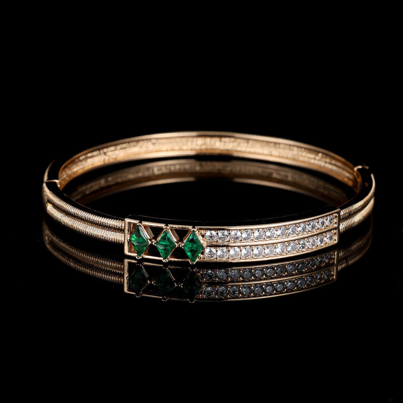 Stripe Bangle In Gold Electroplated Copper With Zircon Inlay, Elegant Accessory For Banquet