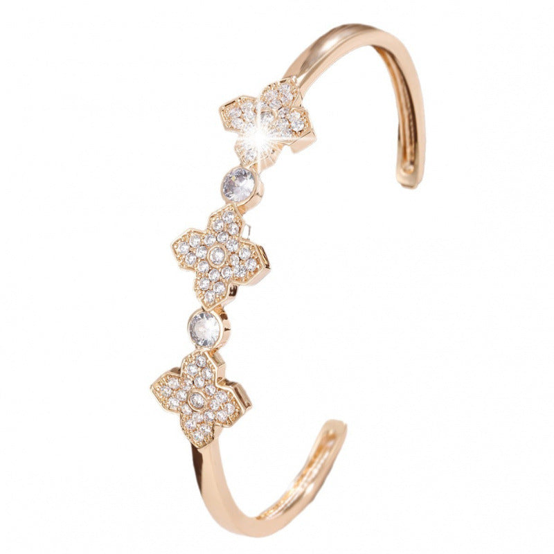 Electroplated Gold Copper Bangle With Zircon Inlay Featuring Elegant Flowers Design