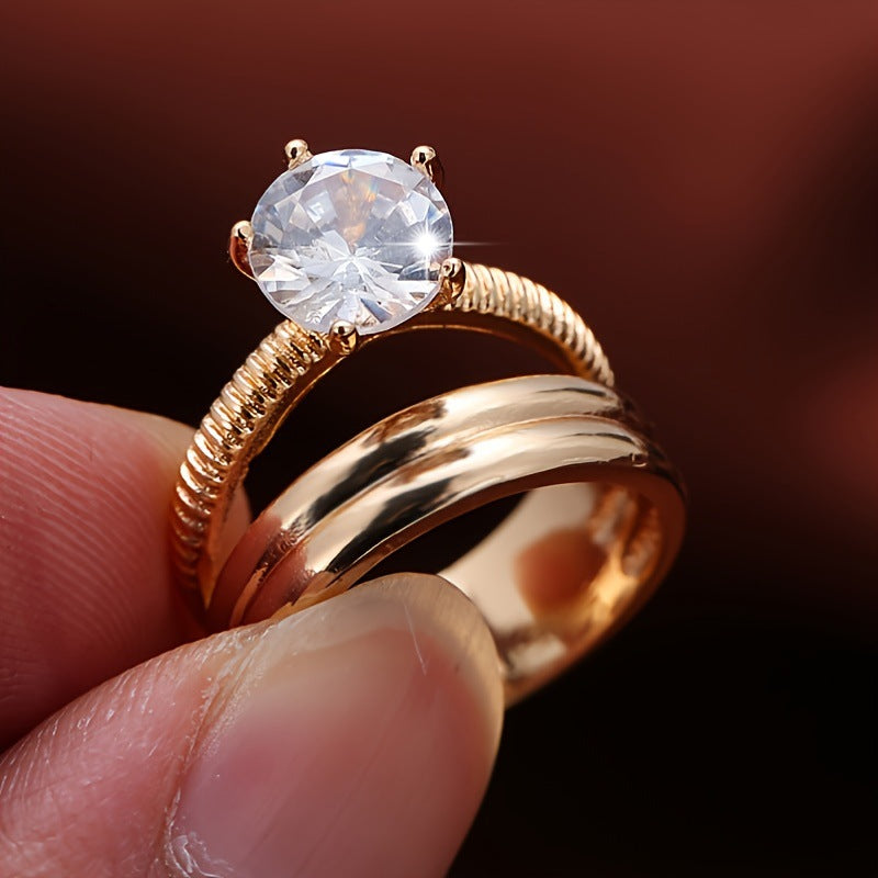 Simple Style Solid Color Copper Ring For Women With Electroplated Gold Plating And Zircon Inlay
