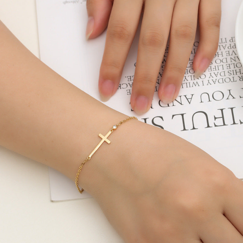 Ethnic Style Cross Bracelet For Women In Gold Copper With Zircon Inlay