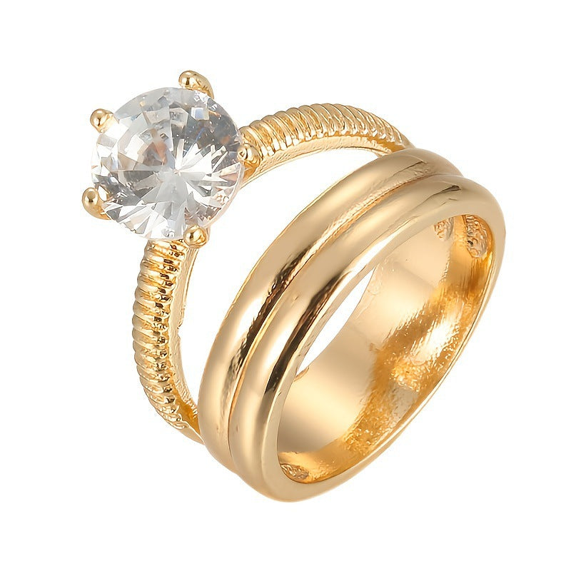 Simple Style Solid Color Copper Ring For Women With Electroplated Gold Plating And Zircon Inlay