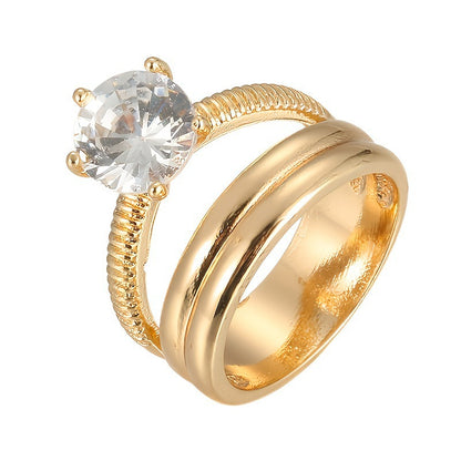 Simple Style Solid Color Copper Ring For Women With Electroplated Gold Plating And Zircon Inlay