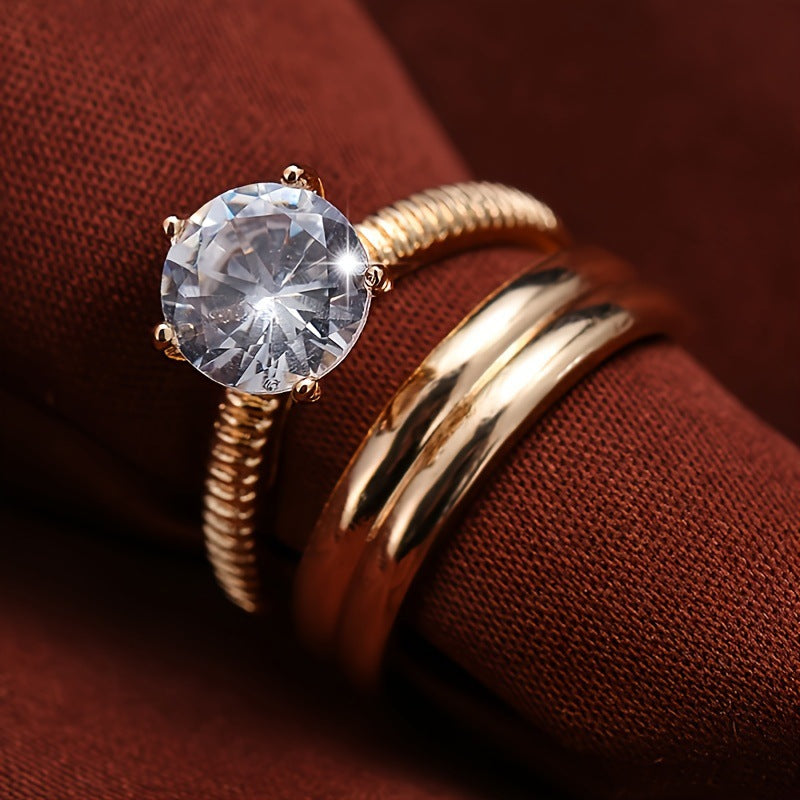 Simple Style Solid Color Copper Ring For Women With Electroplated Gold Plating And Zircon Inlay