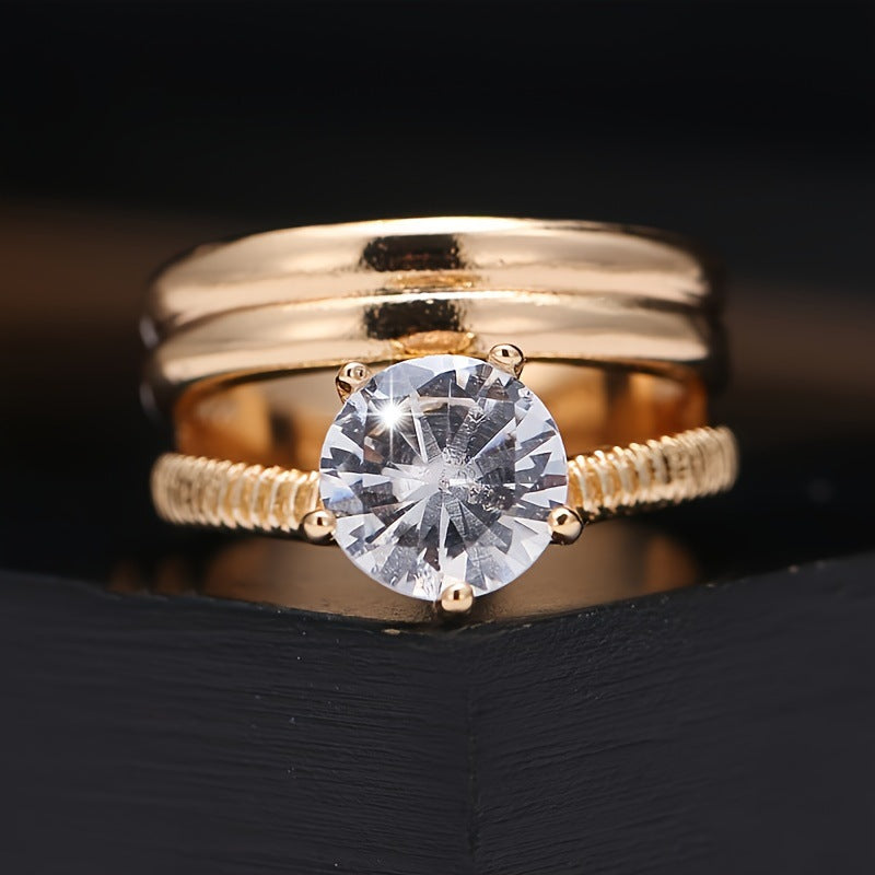 Simple Style Solid Color Copper Ring For Women With Electroplated Gold Plating And Zircon Inlay