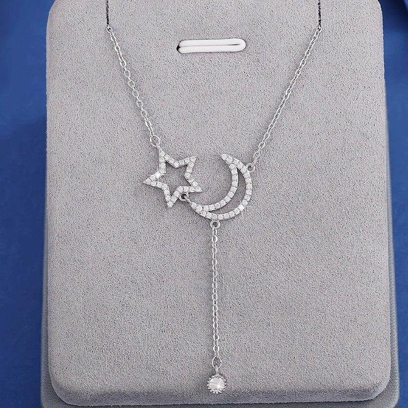 Moon Necklace For Women In Electroplated Copper With Zircon Inlay And Cable Chain