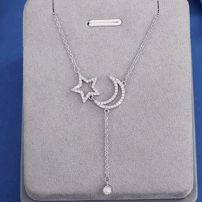 Moon Necklace For Women In Electroplated Copper With Zircon Inlay And Cable Chain