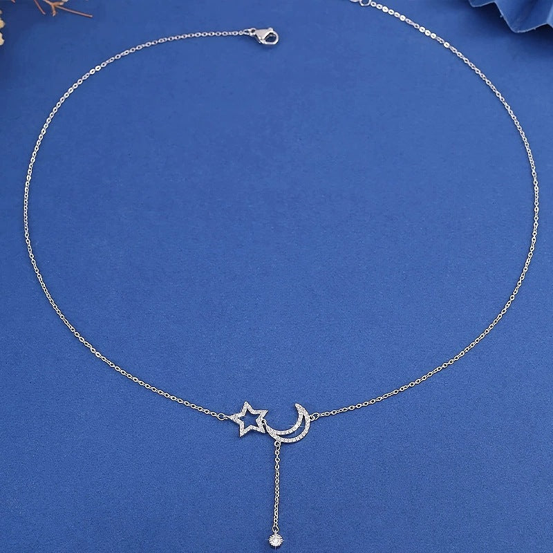 Moon Necklace For Women In Electroplated Copper With Zircon Inlay And Cable Chain