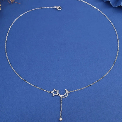 Moon Necklace For Women In Electroplated Copper With Zircon Inlay And Cable Chain