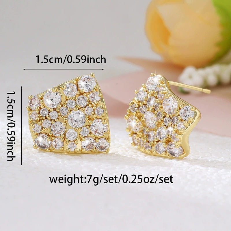 Square Stud Earrings For Women Featuring Electroplated Finish And Copper Ear Pins With Rhinestone Inlay