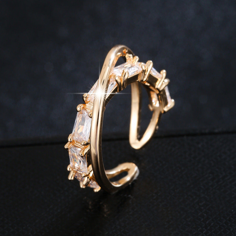 Novelty Geometric Open Ring For Women In Electroplated Copper With Zircon Inlay