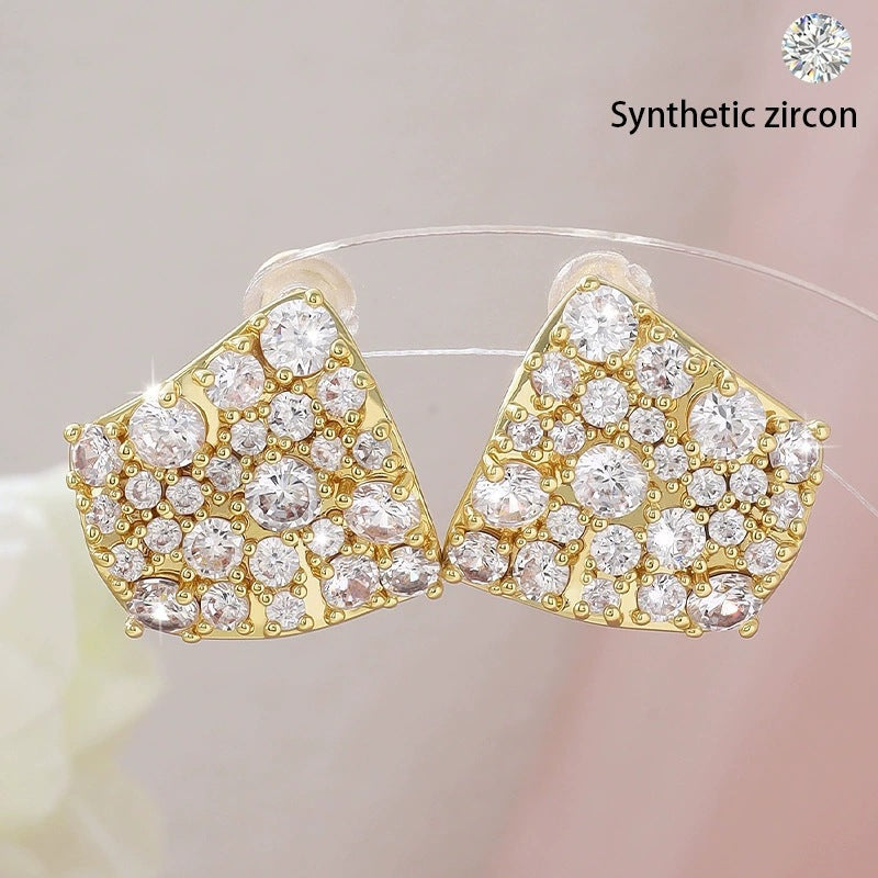 Square Stud Earrings For Women Featuring Electroplated Finish And Copper Ear Pins With Rhinestone Inlay