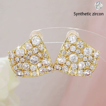 Square Stud Earrings For Women Featuring Electroplated Finish And Copper Ear Pins With Rhinestone Inlay