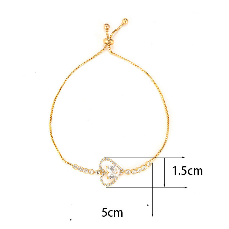 Heart Shape Copper Bracelets For Women With Bezel Setting And Electroplated Gold Plating Featuring Zircon Inlay