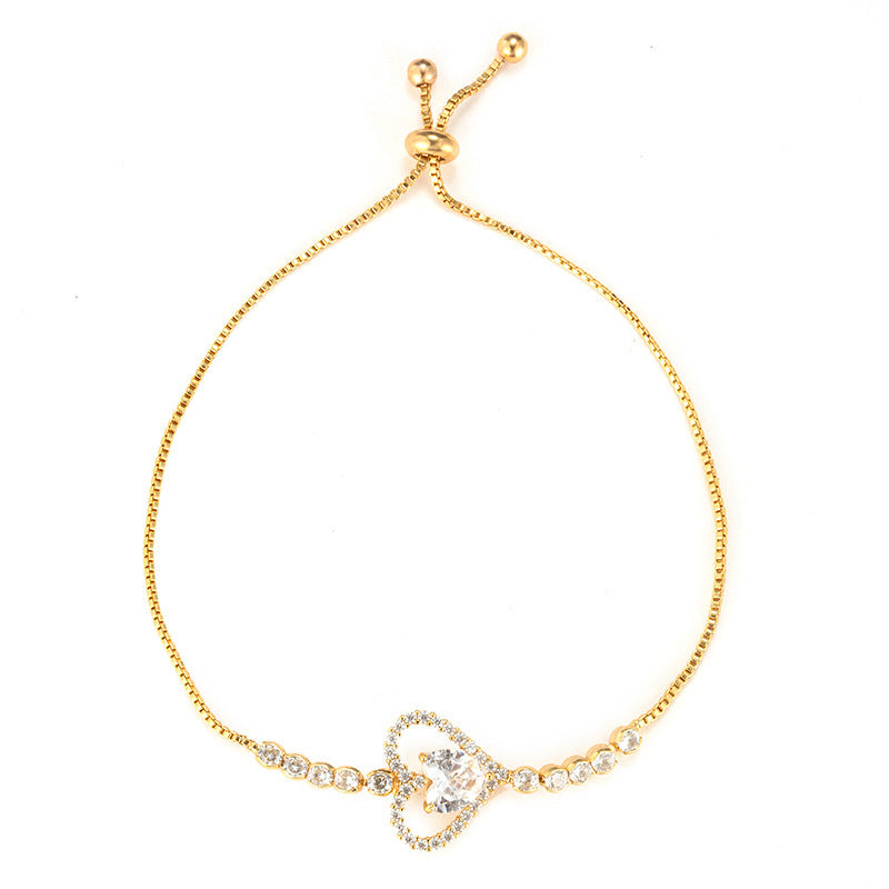 Heart Shape Copper Bracelets For Women With Bezel Setting And Electroplated Gold Plating Featuring Zircon Inlay