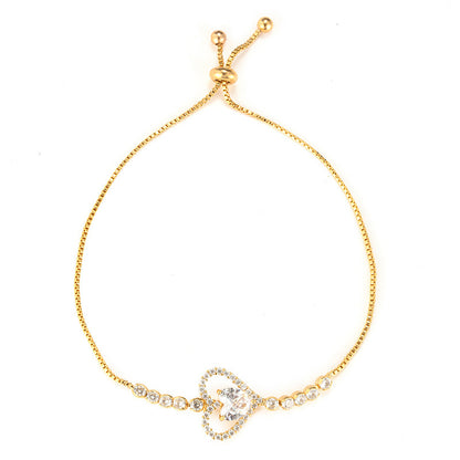 Heart Shape Copper Bracelets For Women With Bezel Setting And Electroplated Gold Plating Featuring Zircon Inlay