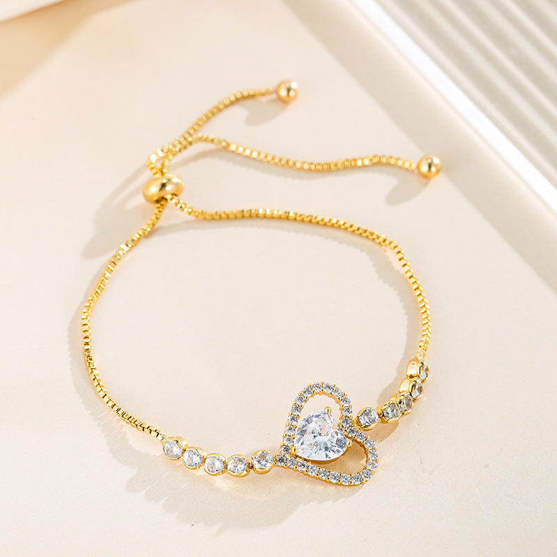 Heart Shape Copper Bracelets For Women With Bezel Setting And Electroplated Gold Plating Featuring Zircon Inlay