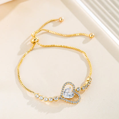 Heart Shape Copper Bracelets For Women With Bezel Setting And Electroplated Gold Plating Featuring Zircon Inlay