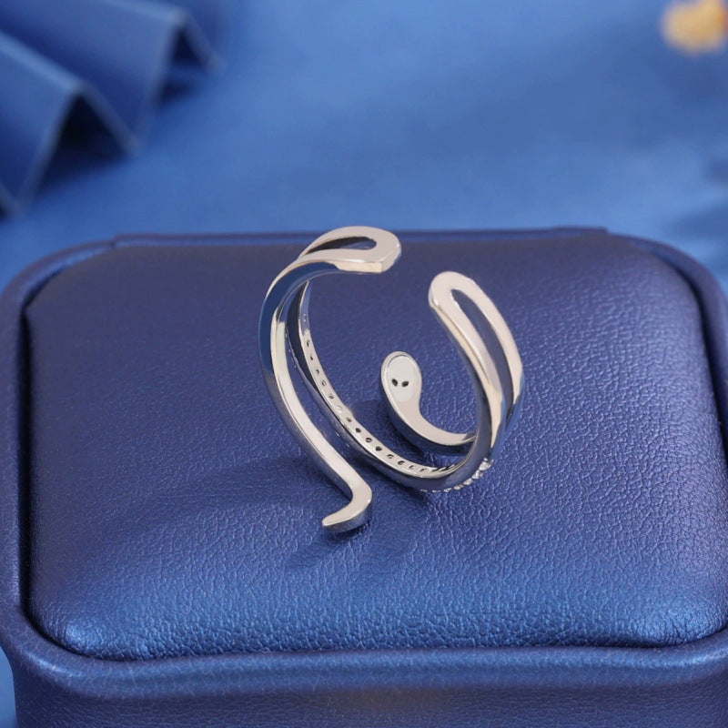 Women’s Snake Pattern Open Copper Ring With Zircon Inlay In Silver, Perfect For Spring