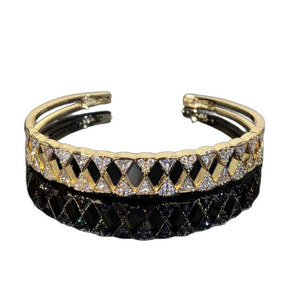 Elegant Flowers Inlay Bangle For Women, Copper Material With Zircon Inlay, Electroplated Gold Plating