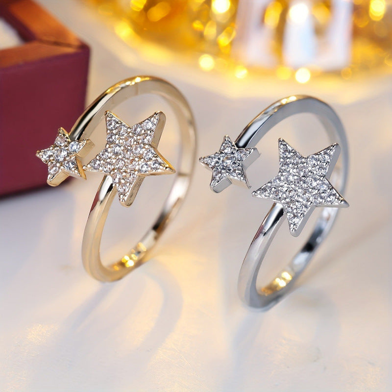 Star Open Ring For Women In Gold Electroplated Copper With Zircon Inlay