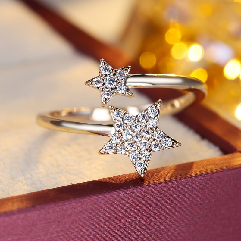 Star Open Ring For Women In Gold Electroplated Copper With Zircon Inlay