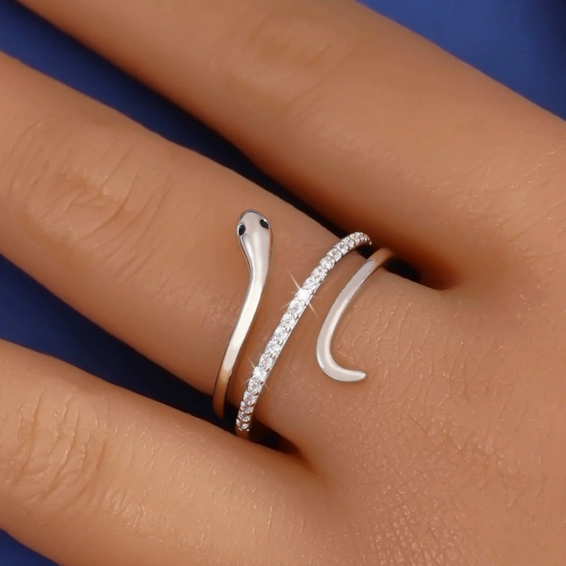Women’s Snake Pattern Open Copper Ring With Zircon Inlay In Silver, Perfect For Spring