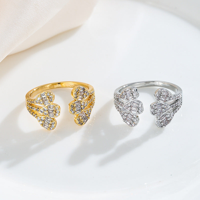 Open Rings With Water Droplets Design For Women, Electroplated Copper Featuring Zircon Inlay
