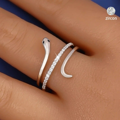 Women’s Snake Pattern Open Copper Ring With Zircon Inlay In Silver, Perfect For Spring