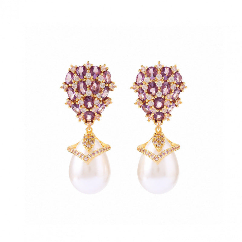 Water Droplets Earrings For Women Featuring Purple Rhinestones With Copper Studs