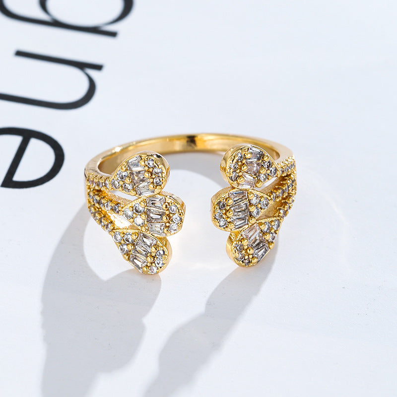 Open Rings With Water Droplets Design For Women, Electroplated Copper Featuring Zircon Inlay