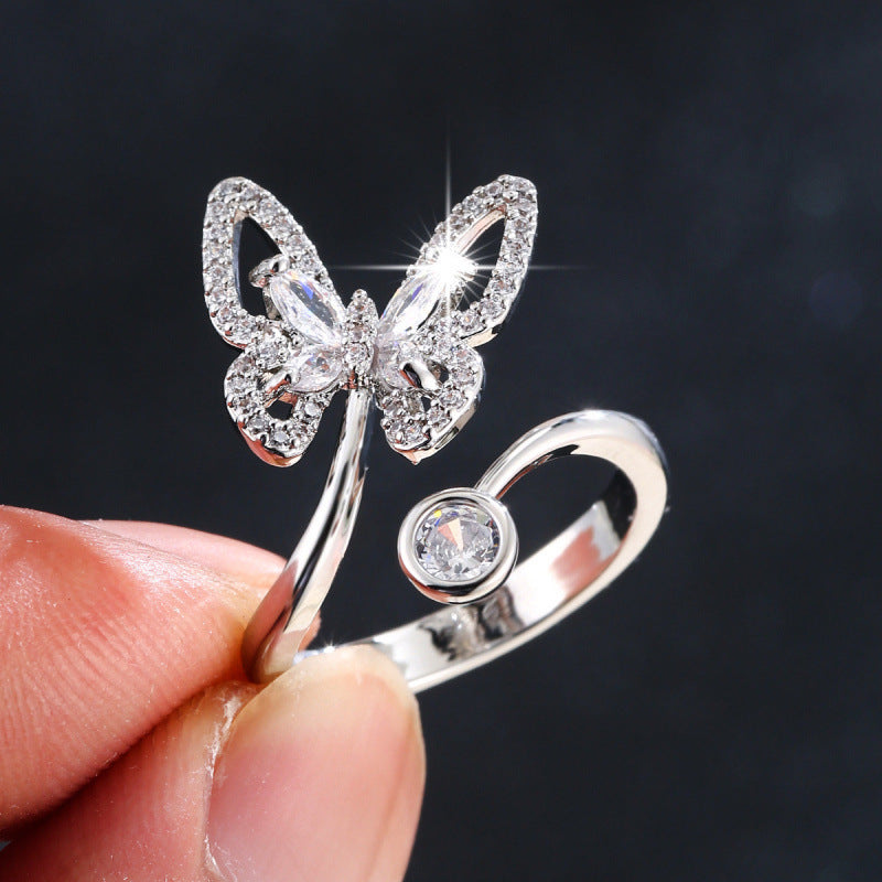 Butterfly Copper Ring For Women With Zircon Inlay, Available In Gold