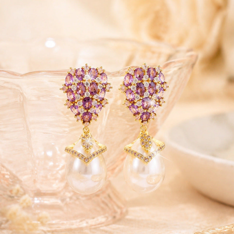 Water Droplets Earrings For Women Featuring Purple Rhinestones With Copper Studs